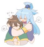  1boy 1girl aqua_(konosuba) blue_hair blue_shirt blue_skirt blush bow bowtie brown_hair bush cape capelet closed_eyes detached_sleeves green_bow green_bowtie green_cape green_capelet hair_between_eyes hair_ornament hair_rings hand_in_another&#039;s_hair hand_on_another&#039;s_head happy hetero highres hug kono_subarashii_sekai_ni_shukufuku_wo! long_hair open_mouth pekeheihou satou_kazuma serious shirt simple_background single_hair_ring skirt smile stroking stroking_hair thinking very_long_hair white_background 