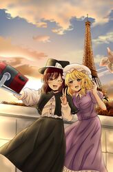  2girls absurdres black_capelet black_hat black_skirt blonde_hair bow breasts brown_eyes brown_hair buttons capelet cellphone clouds cloudy_sky collared_shirt commentary_request commission eiffel_tower fedora hat hat_bow highres kuronon long_skirt long_sleeves maribel_hearn medium_breasts mob_cap multiple_girls one_eye_closed outdoors paris phone puffy_short_sleeves puffy_sleeves purple_shirt purple_skirt ribbon-trimmed_capelet ribbon_trim selfie selfie_stick shirt short_sleeves skeb_commission skirt sky small_breasts smartphone sunset taking_picture touhou upper_body usami_renko v violet_eyes white_bow white_hat white_shirt 