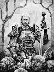  1girl armor conmobr decapitation fallout_(series) fallout_3 greyscale highres holding holding_sword holding_weapon monochrome power_armor power_armor_(fallout) sarah_lyons scar scar_on_face short_hair solo sword weapon 