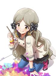  1girl absurdres arm_support black_ribbon black_skirt blue_pants blue_scrunchie blush bow bracelet breasts dot_nose grey_hair hair_bow hair_ribbon hand_up handa_roco headphones headphones_around_neck highres holding holding_paintbrush idolmaster idolmaster_million_live! idolmaster_million_live!_theater_days jacket jewelry kneeling layered_skirt long_hair long_sleeves looking_at_another looking_down nnnn paint_on_clothes paint_splatter paint_splatter_on_face paintbrush painting_(action) pants pants_under_skirt parted_bangs polka_dot polka_dot_ribbon polka_dot_scrunchie red_footwear ribbon scrunchie shoes signature skirt small_breasts smile solo tongue tongue_out twintails v-shaped_eyebrows very_long_hair white_jacket wrist_scrunchie yellow_bracelet yellow_eyes 