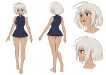  1girl ahoge bare_arms bare_legs bare_shoulders barefoot commentary_request dark_skin dress full_body highres kumichou_(ef65-1118-ef81-95) looking_at_viewer multiple_views original red_eyes short_dress solo white_background white_hair 