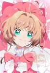  1girl antenna_hair bow brown_hair cardcaptor_sakura dress fuji_(f_ukkami) gloves green_eyes highres kinomoto_sakura looking_at_viewer magical_girl petals pink_bow pink_hat short_hair smile solo upper_body white_gloves 