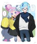  ! 1boy 1girl 217_shion_407 alternate_costume aqua_hair bespectacled black-framed_eyewear blue_hair blue_scarf bow-shaped_hair closed_mouth cropped_legs fang glasses grusha_(pokemon) highres iono_(pokemon) jacket long_hair long_sleeves looking_at_viewer multicolored_hair open_clothes open_mouth pants pink_hair pokemon pokemon_sv scarf single_leg_pantyhose sleeves_past_fingers sleeves_past_wrists spoken_exclamation_mark sweat sweater_vest translation_request very_long_hair white_sweater_vest 