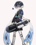  1boy alternate_costume ballpoint_splatling_(splatoon) bishounen black_eyes black_hair genshin_impact highres holding holding_weapon inkling male_focus pointy_ears scaramouche_(genshin_impact) short_hair shorts simple_background solo splatoon_(series) vision_(genshin_impact) weapon white_background yata_gsss 