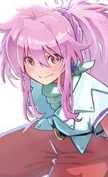  1girl arche_klein baggy_clothes baggy_pants earrings highres jewelry looking_at_viewer neko_(hansinn) pants pink_eyes pink_hair pink_pants ponytail simple_background smile solo tales_of_(series) tales_of_phantasia white_background wide_ponytail 