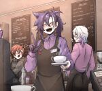  3boys apron banzoin_hakka barista black_apron black_hair blue_hair blush cafe collared_shirt english_text gavis_bettel grey_hair happy heart high_ponytail highres holding holding_saucer holostars holostars_english indoors long_hair looking_at_another machina_x_flayon male_focus menu_board multicolored_hair multiple_boys open_mouth orange_eyes pink_hair purple_hair purple_shirt rainycoffeebean redhead saucer shirt short_hair smile standing streaked_hair twitter_username two-tone_hair upper_body v virtual_youtuber white_hair 