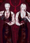  2boys beard blood chest_hair closed_mouth dante_(devil_may_cry) devil_may_cry_(series) devil_may_cry_5 facial_hair highres holding holding_plate large_pectorals long_hair looking_at_viewer male_focus mature_male monochrome multiple_boys muscular muscular_male open_clothes pectorals plate red_theme restaurant spot_color tray vergil_(devil_may_cry) waiter white_hair 