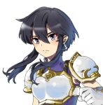  1girl armor belt black_hair breastplate close-up earrings fire_emblem fire_emblem:_genealogy_of_the_holy_war gloves hair_between_eyes holding holding_sword holding_weapon jewelry larcei_(fire_emblem) looking_at_viewer meriaiwaki_fe purple_tunic short_hair shoulder_armor sidelocks solo sword tomboy tunic weapon white_background 