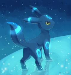  alternate_color artist_name black_fur blue_fur colored_sclera highres ibusaki_(ivu) looking_at_viewer looking_back no_humans pokemon pokemon_(creature) shiny_pokemon solo sparkle standing twitter_username two-tone_fur umbreon water yellow_sclera 