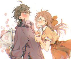 1boy 1girl ahoge blue_shirt blush bouquet bow brown_hair collared_shirt eye_contact fujiwara_hazuki gift glasses hair_bow hetero holding holding_bouquet holding_gift long_hair long_sleeves looking_at_another ojamajo_doremi open_mouth orange_bow orange_eyes orange_shirt orange_skirt round_eyewear sapphire_(nine) shirt skirt upper_body yada_masaru