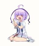  1girl ahoge aihira_(aihira12) antenna_hair azure_striker_gunvolt blush closed_eyes crying dress food full_body holding holding_food holding_popsicle joule_(gunvolt) popsicle popsicle_stick purple_hair short_hair solo spilling tears white_dress zipper_dress 