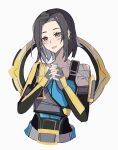  1girl animification apex_legends ba_shi_(sans1371) black_hair blue_tank_top blush chinese_commentary collarbone conduit_(apex_legends) detached_sleeves fingerless_gloves gloves grey_gloves hair_behind_ear head_tilt highres interlocked_fingers medium_hair open_mouth simple_background single_detached_sleeve single_sleeve smile solo tank_top white_background 