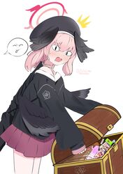  &lt;|&gt;_&lt;|&gt; 15953210290 1girl ^^^ absurdres beret black_hat black_wings blue_archive blush chinese_commentary chinese_text commentary_request cowboy_shot dildo doodle_sensei_(blue_archive) egg_vibrator embarrassed eyes_visible_through_hair feathered_wings hair_between_eyes halo hat head_wings highres koharu_(blue_archive) looking_at_viewer low_wings medium_hair miniskirt nose_blush open_mouth pink_hair pink_skirt pleated_skirt red_halo sanoba_witch senren_banka sensei_(blue_archive) sex_toy simple_background skirt sleeves_past_wrists solo speech_bubble surprised sweatdrop translation_request treasure_chest twitter_username vibrator video_game_cover_(object) wavy_mouth white_background wings 