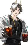  1boy absurdres arknights belt black_belt black_shirt chong_yue_(arknights) commentary condensation cup disposable_cup dragon_boy dragon_horns dragon_tail drink drinking_straw ear_piercing grey_jacket highres holding holding_cup holding_drink horns jacket looking_at_viewer male_focus multicolored_hair okonon_(kado_colda) open_mouth piercing pointy_ears red_eyes shirt smile tail white_background 