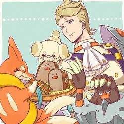  1boy 3others ascot blonde_hair blue_eyes bunet_(fire_emblem) character-themed_food closed_mouth dugtrio eifilet fire_emblem fire_emblem_engage food looking_at_another multiple_others pokemon pokemon_(creature) sandwich white_ascot 