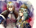  1boy 1girl armor blonde_hair blue_eyes breasts cloak crown dimitri_alexandre_blaiddyd enlightened_byleth_(female) fire_emblem fire_emblem:_three_houses flower fur_cloak green_hair hair_between_eyes hair_flower hair_ornament lily_(flower) long_hair medium_breasts medium_hair moke_mokke plate_armor traditional_media upper_body white_flower 