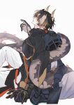  1boy 1girl absurdres arknights armor black_cloak black_coat black_gloves black_hair brown_hair chong_yue_(arknights) cloak coat collared_cloak doctor_(arknights) dragon_boy dragon_horns dragon_tail earrings female_doctor_(arknights) gloves gradient_hair hair_over_shoulder half_gloves hand_up high_collar highres holding_another&#039;s_tail holding_hands hood hood_up hooded_coat horns jewelry knee_up long_hair looking_at_another looking_back low_ponytail mask multicolored_eyes multicolored_hair pants parted_lips pauldrons playing_with_own_hair pointy_ears red_eyes rerebrace shoulder_armor simple_background single_pauldron sitting slit_pupils streaked_hair tail tail_wrap very_long_tail walhee221 white_background white_pants 