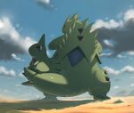  black_eyes blurry blurry_background carapace clouds colored_skin dorobo_93 evolutionary_line facial_mark from_behind green_skin highres larvitar looking_at_viewer looking_back nature outdoors pokemon pokemon_(creature) red_eyes sitting_on_tail tyranitar 