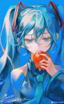  1girl absurdres apple aqua_necktie bare_shoulders black_sleeves blue_background blue_eyes blue_hair blue_nails blue_shirt blue_theme breasts chinese_commentary closed_mouth collared_shirt commentary_request dated detached_sleeves eyelashes food fruit hair_ornament hatsune_miku highres holding holding_food holding_fruit long_hair long_sleeves looking_at_food medium_breasts mie_haha nail_polish necktie shirt signature simple_background sleeveless sleeveless_shirt smile solo straight-on twintails upper_body vocaloid weibo_watermark wide_sleeves 