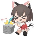  &gt;_&lt; 1girl :d absurdres animal_ear_fluff animal_ears asakura_haru bow bowtie brown_hair cat_ears cat_tail chen chibi dot_nose double-parted_bangs fang forked_tail full_body happy highres holding holding_pickaxe light_blush minecraft minecraft_pickaxe nekomata no_headwear petticoat pickaxe red_skirt red_vest short_hair simple_background skin_fang skirt skirt_set smile solo tail touhou two-handed vest white_background xd 