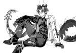  1boy 3000zialg arknights chong_yue_(alighting)_(arknights) chong_yue_(arknights) closed_mouth collared_jacket dragon_boy dragon_horns dragon_tail earrings elbow_on_knee foot_out_of_frame greyscale highres horns jacket jewelry knee_up long_sleeves looking_at_viewer male_focus monochrome multicolored_hair open_clothes open_jacket pants pointy_ears ribbon shoes short_hair simple_background sitting smile solo streaked_hair tail tail_ornament tail_ribbon thigh_strap very_long_tail white_background 