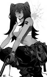  1girl baggy_pants belt belt_chain breasts commentary_request crop_top diamond-shaped_pupils diamond_(shape) double-parted_bangs feet_out_of_frame film_grain gloves greyscale gun hair_between_eyes half_gloves hand_out_of_frame highres holding holding_gun holding_weapon korean_commentary long_hair medium_breasts monochrome now_drawing o-ring open_mouth original pants shade shirt shoulder_tattoo sleeveless sleeveless_shirt solo squatting stomach studded_belt symbol-shaped_pupils tattoo thigh_belt thigh_strap toned_female turtleneck twintails v-shaped_eyebrows weapon wrist_belt 