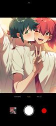  2girls azumaya_koyuki blush brown_eyes collared_shirt commentary_request fake_phone_screenshot fake_screenshot green_eyes green_hair highres hinata_natsumi keroro_gunsou kiss kissing_cheek long_hair multiple_girls necktie one_eye_closed open_mouth red_necktie redhead school_uniform shirt short_sleeves smile ta_gk twintails v white_shirt yuri 
