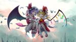  2girls ascot bat_wings bird clouds cloudy_sky crystal_wings dress flandre_scarlet flying frilled_dress frills hat hat_ribbon mary_janes multiple_girls open_mouth outdoors purple_hair red_eyes red_ribbon remilia_scarlet ribbon satyuas shoes short_hair siblings sky socks touhou twins waving_hands white_mob_cap wings wrist_cuffs yellow_ascot 