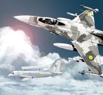  1boy aim-9_sidewinder aircraft airplane awacs blue_sky clouds cloudy_sky commentary english_commentary f-16_fighting_falcon fighter_jet highres jet matsuda_juukou military_vehicle original roundel russo-ukrainian_war saab_340 sky solo tryzub 