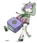  1girl animal_hood blush commentary eien_project english_commentary fang frog_hood game_console gamecube green_hoodie hair_over_one_eye holding hood hood_up hoodie laorenxing long_sleeves one_eye_covered open_mouth pink_hoodie purple_hair short_hair simple_background sleeves_past_fingers sleeves_past_wrists solo standing standing_on_one_leg sweat two-tone_hoodie two_side_up virtual_youtuber white_background white_footwear yellow_eyes zumi_dokumi 
