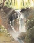  cliff day forest grass highres moss nature no_humans original painting_(medium) scenery shimizu_megumi_(m_acquerello) sunlight traditional_media tree water watercolor_(medium) waterfall 