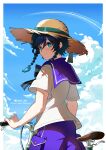  1boy absurdres aqua_eyes aqua_hair bicycle black_hair blue_hair blue_sky braid closed_mouth clouds cloudy_sky genshin_impact gradient_hair hat highres lkari_shi male_focus multicolored_hair neckerchief shirt sky smile solo twin_braids venti_(genshin_impact) white_shirt 