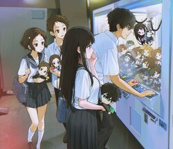  2boys 2girls :d bag black_hair black_pants black_sailor_collar black_skirt brown_hair character_doll chitanda_eru crane_game fukube_satoshi green_eyes hand_up highres hyouka ibara_mayaka kneehighs long_hair mery_(yangmalgage) multiple_boys multiple_girls open_mouth oreki_houtarou pants pleated_skirt sailor_collar school_uniform serafuku shirt short_hair short_sleeves shoulder_bag skirt smile socks violet_eyes white_shirt white_socks 