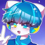  1boy blue_hair blue_theme copyright_request gloves headphones heterochromia highres looking_at_viewer piporoid rinesu0731 smile white_gloves 