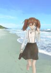  1girl absurdres barefoot beach black_skirt brown_eyes brown_footwear brown_hair clouds commentary_request day footprints hair_between_eyes hair_ribbon hand_in_own_hair highres holding holding_shoes jewelry kantai_collection long_hair long_sleeves magatama magatama_necklace mountain necklace nito_(nshtntr) ocean outdoors pleated_skirt ribbon ryuujou_(kancolle) shirt shoes skirt sky solo suspender_skirt suspenders twintails unworn_shoes walking water white_shirt 