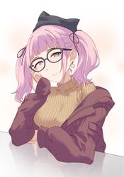  1girl absurdres black-framed_eyewear black_ribbon brown_jacket brown_sweater earrings girls_band_cry glasses grey_eyes hair_ribbon head_rest highres hina_(girls_band_cry) innoarukugyou jacket jewelry lone_nape_hair looking_at_viewer medium_hair off_shoulder open_clothes open_jacket pink_hair ribbon short_twintails sidelocks solo sweater twintails zipper 