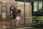  2girls :| backpack bag black_footwear black_skirt black_socks blazer blue_sweater blurry blurry_background blush brown_hair brown_jacket building bus bus_stop bus_stop_sign closed_mouth commentary_request embarrassed english_commentary facing_away floating_hair glomp hand_up head_on_another&#039;s_shoulder highres hug jacket jitome kneehighs loafers long_hair long_sleeves messy_hair mixed-language_commentary motor_vehicle multiple_girls nose_blush original outdoors parted_bangs pleated_skirt school_bag school_uniform shoes short_hair shoulder_bag sidewalk skirt sleeves_past_wrists socks sweater thigh-highs twintails violet_eyes white_thighhighs yamato06403261 yuri 
