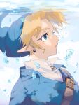  1boy belt belt_buckle blonde_hair blue_eyes blue_hat blue_tunic brown_belt buckle collared_shirt commentary_request earrings from_side hat highres jewelry link male_focus official_alternate_costume parted_lips pointy_ears portrait shirt shoulder_belt solo the_legend_of_zelda the_legend_of_zelda:_ocarina_of_time tunic underwater yamori_(yamoooon21) 