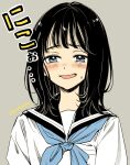  1girl artist_name black_hair black_sailor_collar blue_eyes blue_neckerchief blush commentary_request grey_background looking_at_viewer medium_hair neckerchief nervous_smile open_mouth original sailor_collar school_uniform serafuku shirt signature simple_background smile solo sugano_manami sweatdrop translation_request upper_body white_shirt 