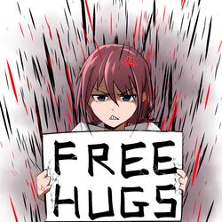  1girl 401gone anger_vein angry aura blue_eyes clenched_teeth commentary english_commentary english_text free_hugs girls_band_cry holding holding_sign iseri_nina looking_at_viewer mixed-language_commentary purple_hair shirt sign solo teeth white_shirt 