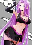 1girl breasts fate/grand_order fate_(series) forehead highres kunai large_breasts long_hair medusa_(an_army_marches_on_its_stomach)_(fate) medusa_(fate) medusa_(rider)_(fate) navel purple_hair solo upper_body very_long_hair violet_eyes wagu_neru weapon wide_hips 