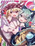  2girls ;d adapted_costume animal_ear_headphones animal_ears apron arm_tattoo bare_shoulders blonde_hair blush border cat_ears commentary cool&amp;create crystal detached_sleeves fake_animal_ears fang flandre_scarlet foreshortening frilled_shirt_collar frilled_sleeves frills frown green_eyes green_hair hair_between_eyes hair_ornament happy hat headphones heart heart_of_string high_heels highres holding_hands internet_survivor komeiji_koishi long_sleeves looking_at_viewer looking_back medium_hair mob_cap multicolored_background multiple_girls musical_note musical_note_hair_ornament nail_polish one_eye_closed open_mouth pointy_ears red_eyes red_nails shirt simple_background skin_fang smile soesoe300 star_(symbol) star_in_eye symbol_in_eye tattoo teeth third_eye touhou trait_connection twitter_username upper_body upper_teeth_only v-shaped_eyebrows waist_apron white_apron white_border white_hat wide_sleeves wings yellow_shirt 