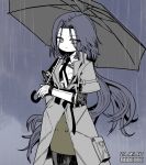  1girl android ar-18_(girls&#039;_frontline) artist_name black_hair black_necktie closed_mouth coat commentary_request commission dated elbow_gloves girls_frontline gloves green_skirt grey_coat holding holding_umbrella korean_commentary long_hair looking_at_viewer madcore mechanical_arms mechanical_legs necktie overcoat parted_bangs pixiv_commission rain shirt short_sleeves skirt solo umbrella variant_set very_long_hair watch watch white_gloves white_shirt yellow_eyes 
