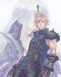  2boys armor black_pants black_shirt blonde_hair buster_sword closed_mouth cloud_strife copyright_name final_fantasy final_fantasy_vii green_eyes long_hair male_focus multiple_boys pants ribbed_shirt sephiroth shirt short_hair shoulder_armor sword sword_on_back talgi weapon weapon_on_back white_background white_hair 