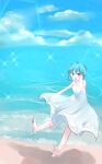  1girl barefoot beach blue_eyes blue_hair blue_sky blush clouds commentary_request darkness_666666 dress full_body heterochromia highres looking_at_viewer ocean open_mouth outdoors red_eyes short_hair sky solo tatara_kogasa touhou white_dress 
