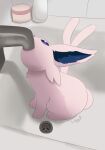  animal_focus bathtub bright_pupils colored_lineart commentary_request drinking espeon from_above full_body highres in_bathtub indoors no_humans open_mouth pokemon pokemon_(creature) signature sitting solo tile_wall tiles tl_peng violet_eyes white_pupils 