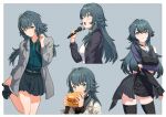  1girl absurdres adjusting_footwear black_dress black_footwear black_shirt black_thighhighs blush burger closed_mouth coat collared_shirt commentary_request dress eating food from_side gakuen_idolmaster green_eyes green_hair grey_coat hair_flaps high_heels highres holding holding_burger holding_food holding_microphone idolmaster kumo33 long_sleeves looking_ahead looking_at_viewer microphone multiple_views open_mouth pleated_skirt shirt single-shoulder_dress skirt thigh-highs tsukimura_temari 