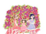  3girls aerith_gainsborough alternate_costume barefoot blue_dress blunt_bangs border braid braided_ponytail brain_buster cake child closed_eyes closed_mouth crescent crescent_earrings cup dress earrings final_fantasy final_fantasy_vii final_fantasy_vii_rebirth final_fantasy_vii_remake floral_background floral_print floral_print_dress flower food hair_flower hair_ornament hair_ribbon head_wreath holding holding_cup jewelry kneeling long_hair marlene_wallace multiple_girls open_mouth own_hands_together parted_bangs picnic picnic_blanket pink_dress pink_ribbon pouring print_dress red_eyes ribbon short_hair short_sleeves sidelocks single_braid smile strawberry_shortcake swept_bangs tifa_lockhart v_arms white_border 