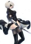  1girl 2b_(nier:automata) ass black_blindfold black_dress black_hairband blindfold boots covered_eyes dress feather-trimmed_sleeves feather_trim gloves hairband highres juliet_sleeves leotard long_sleeves mitsuki_nite nier:automata nier_(series) puffy_sleeves short_hair simple_background solo thigh-highs thighhighs_under_boots thong_leotard virtuous_contract white_background white_hair white_leotard 