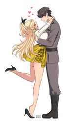  1boy 1girl :d ^_^ black_eyes black_footwear black_hair blonde_hair blush boots bracelet breasts closed_eyes clothes_around_waist commander_(nikke) commentary english_commentary goddess_of_victory:_nikke gyaru heart hetero high_heels highres hoshiberuu jewelry large_breasts leg_up long_hair military_uniform rupee_(nikke) simple_background skirt smile thighlet tiptoes uniform white_background 